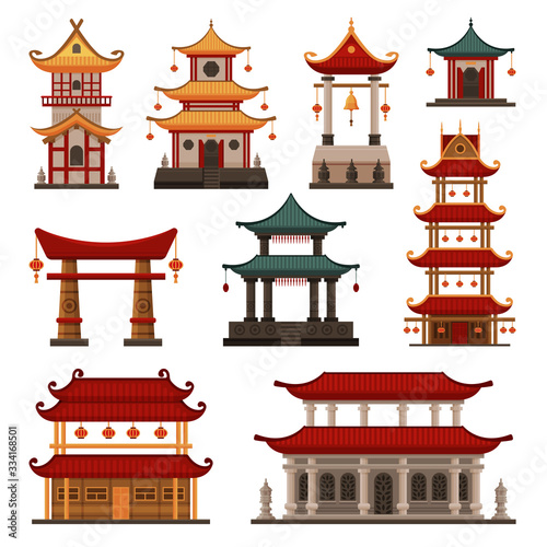 Traditional Chinese Buildings Set, Pagoda, Ancient Temple, Gate, Cultural Oriental Architecture Objects Vector Illustration