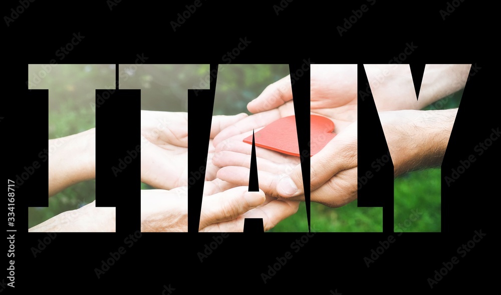 COVID-19 coronavirus. Fill text Italy with old and young hands, red heart image cut, black background. Elderly people health. Compassion, dangerous, chinese virus outbreak, stop sign, stay at home. COVID-19 coronavirus. Fill text Italy with old and young hands, red heart image cut, black background. Elderly people health. Compassion, dangerous, chinese virus outbreak, stop sign, stay at home.