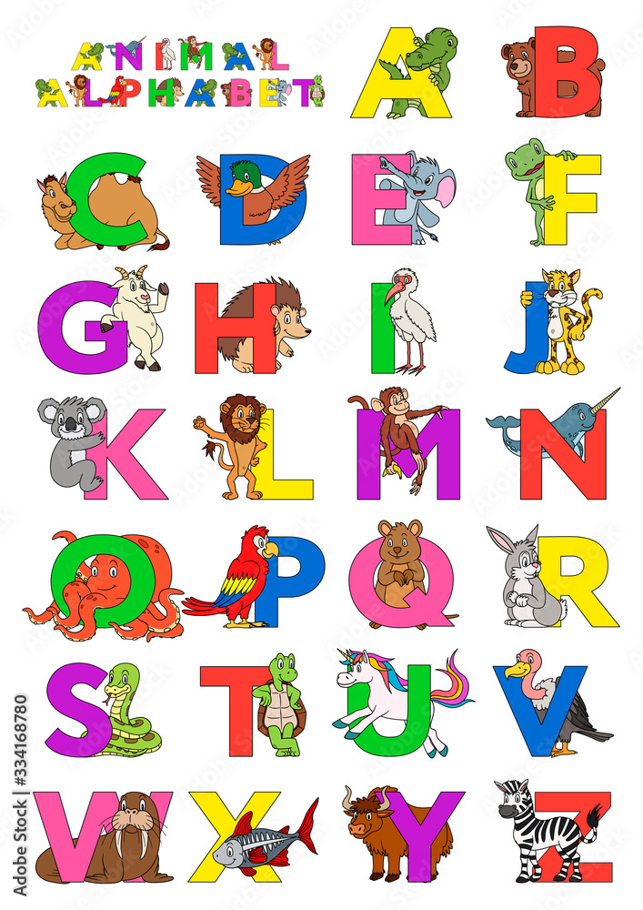 Zoo animal alphabet. Letters from A to Z. Cartoon cute animals isolated on white background. Different animals ABC. For children education and foreign language study. Alligator, bear, camel, duck etc.