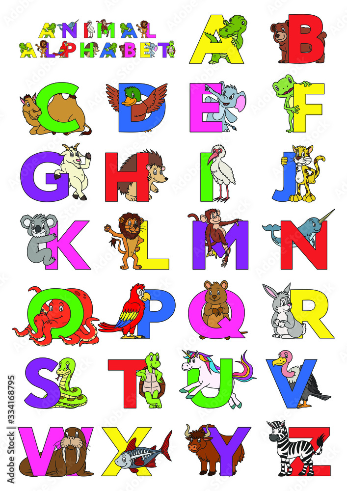 Zoo animal alphabet. Letters from A to Z. Cartoon cute animals isolated on white background. Different animals ABC. For children education and foreign language study. Alligator, bear, camel, duck etc.