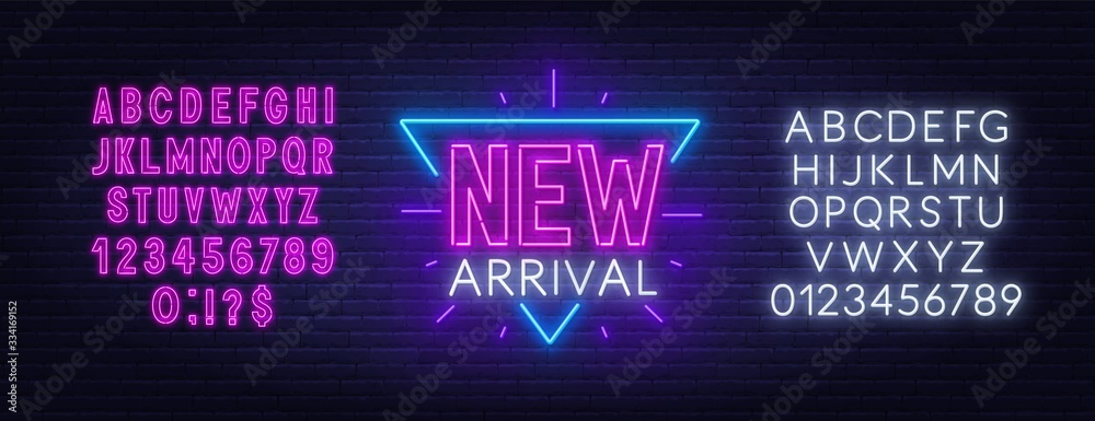 New arrival neon sign on dark background. Neon alphabet on brick wall background. Vector illustration.