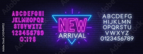New arrival neon sign on dark background. Neon alphabet on brick wall background. Vector illustration.