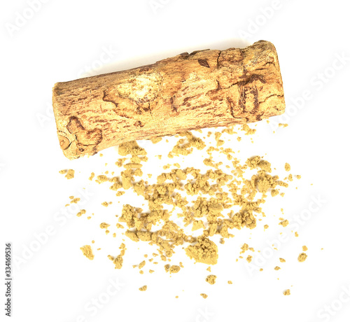 Thanaka wood find ground Powder on white background photo