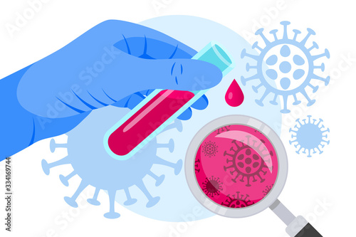 Coronavirus blood test medical concept. Flat glass test tube, flask in doctor hand, drop of blood, magnifier on white. 2019-nCoV corona virus analyzes. Vector illustration