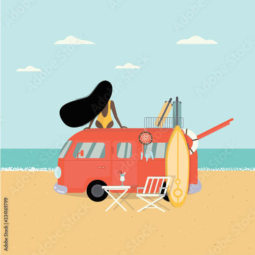 A woman sits on the roof of a car and looks at the sea. Hippie bus, surf, suitcase.  Postcard, poster. Vector illustration.