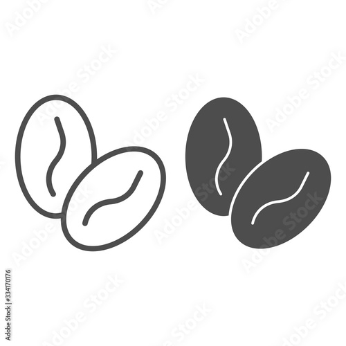 Coffee beans line and solid icon. Two aromatic bean for espresso drink symbol, outline style pictogram on white background. Caffeine or cafe sign for mobile concept and web design. Vector graphics.