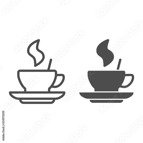 Hot coffee in a cup on saucer line and solid icon. Mug with drink and steam symbol, outline style pictogram on white background. Caffeine or cafe sign for mobile concept, web design. Vector graphics.