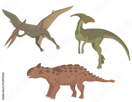 Set of different dinosaurs. Parasaurolophus, pterodactylus and talarurus in cartoon style. © KurArt