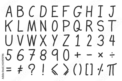 Black color hand drawing of alphabet, number letter and mathemetics symbol on white background