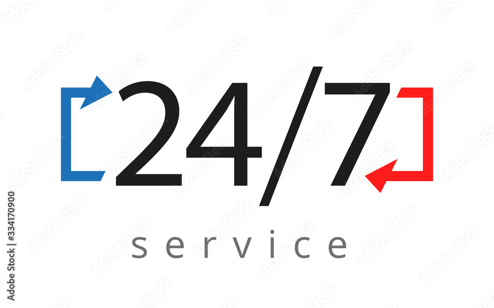 service sign is open 24 hours a day and 7 days a week on a white background. Plate, banner, isolated object. Vector illustration service sign is open 24 hours a day and 7 days a week on a white background. Plate, banner, isolated object. Vector illustration