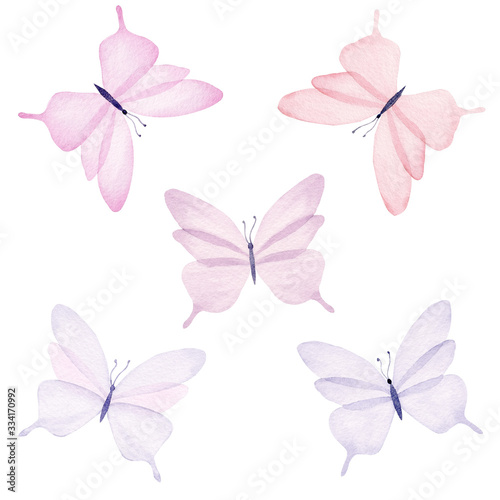 Watercolor pastel color butterflies, isolated on white background. Hand drawn illustration.