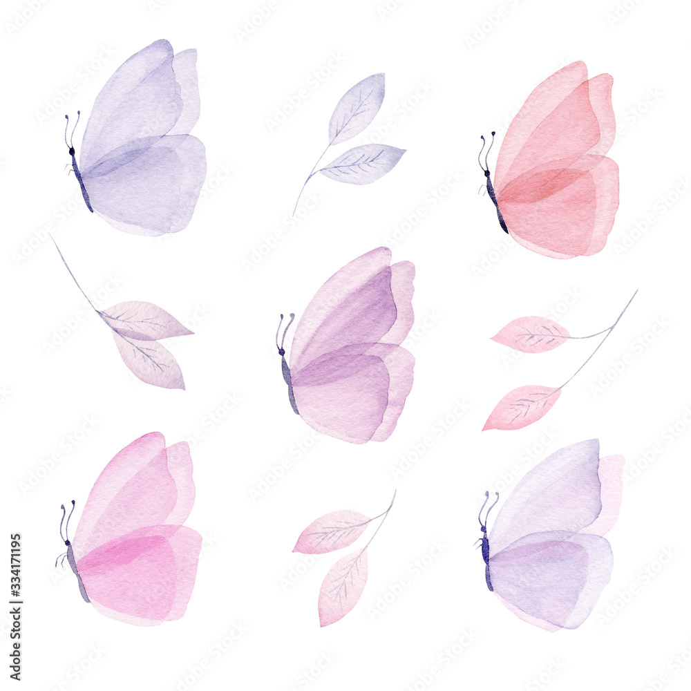 Set of watercolor illustrations with butterfly and leaf. Hand painted pastel clipart.