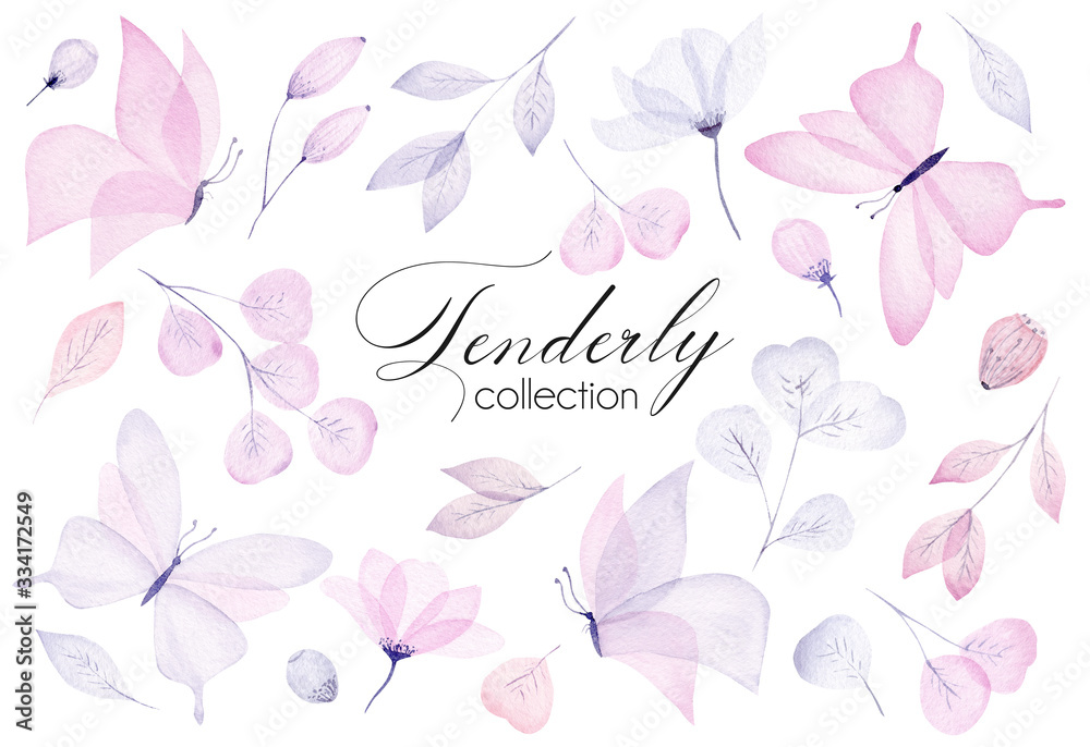 Watercolor hand drawn tenderly set with butterfly, flower, leaf and branch. Pastel color illustration.