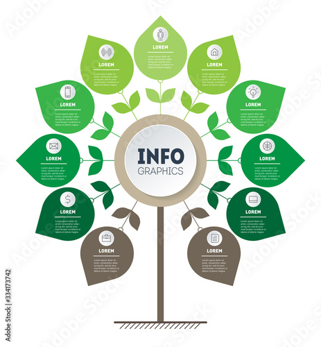 Eco Business presentation concept with eleven options.Annual cycle of agricultural work. A chart or infographic divided by 11 parts.