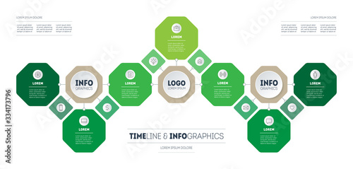 Horizontal Timeline or infographics with seven parts. Development and growth of the green business. Time line or presentation concept of eco Business with 7 options and 13 icons.