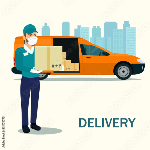 Delivery man in a medical mask with cardboard boxes. Cargo van. Vector flat style illustration. © lyudinka