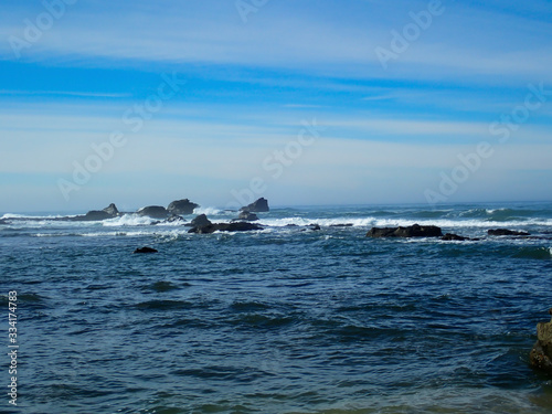 Waves crashing onto a rocky shore
