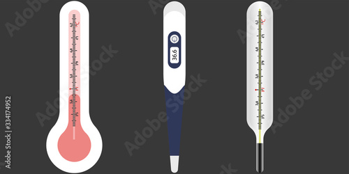 Set of different types of thermometers for a hospital. Electronic thermometer. Vector