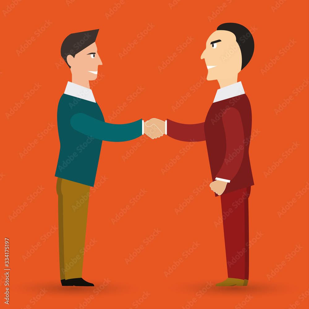 Business meeting, deal or agreement, partnership or cooperation. Flat cartoon vector illustration. Business people shake hands after negotiation, came to agreement and completed the deal with a handsh Business meeting, deal or agreement, partnership or cooperation. Flat cartoon vector illustration. Business people shake hands after negotiation, came to agreement and completed the deal with a handsh