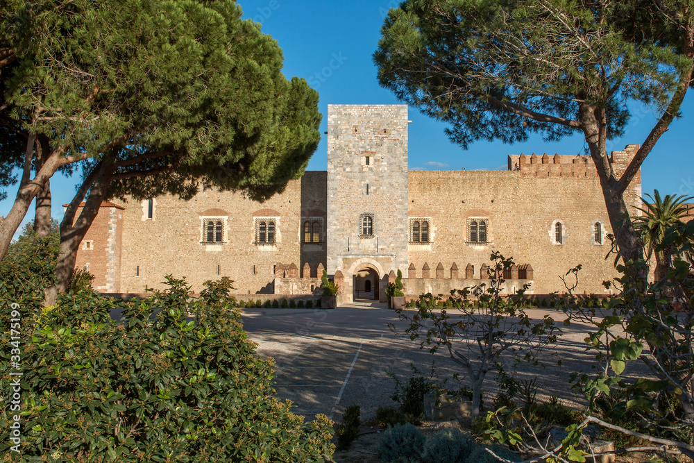 Palais des rois de Majorque vue derrière les arbres