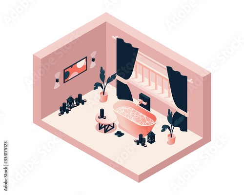 Bathrom luxury scene with bathtub full of water, large window and candles. Isometric interior in pink and black