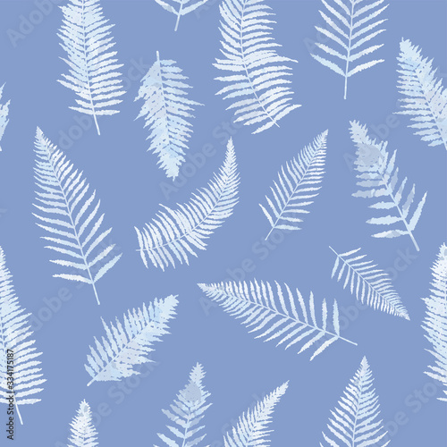 Fern leaves seamless pattern, forest backdrop in blue pastel colors