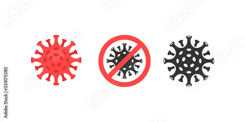 Set of coronavirus icons with red prohibit sign isolated on white background