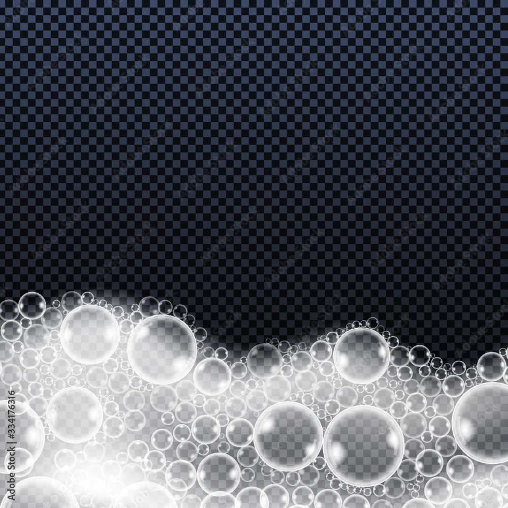 Soap foam bubbles isolated on transparent background. Realistic looking vector illustration.	