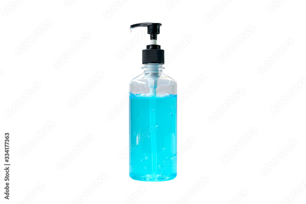 Alcohol gel in plastic bottles to prevent Corona virus Covid-19 infection isolated on white background.