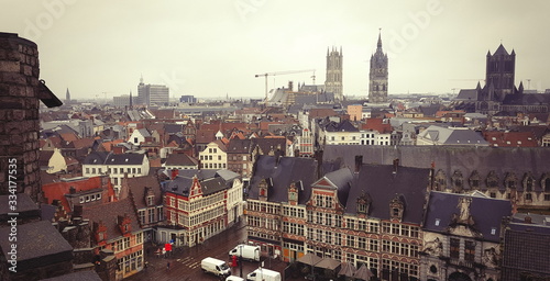 View on Gent town in rainy weather. Belgium