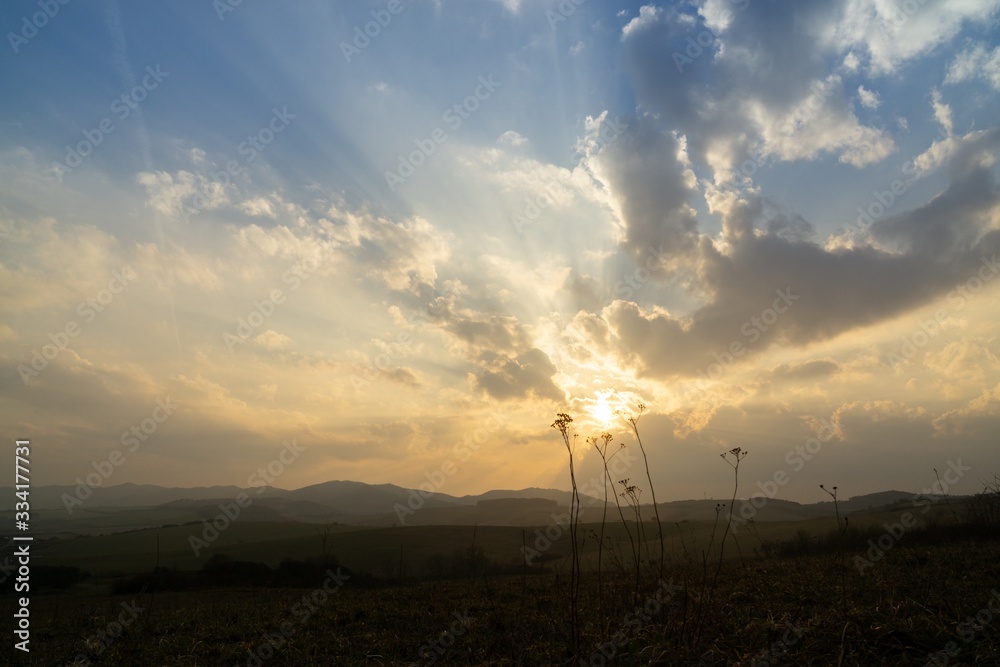 Obraz premium Sunrise or sunset over the hills and meadow. Slovakia
