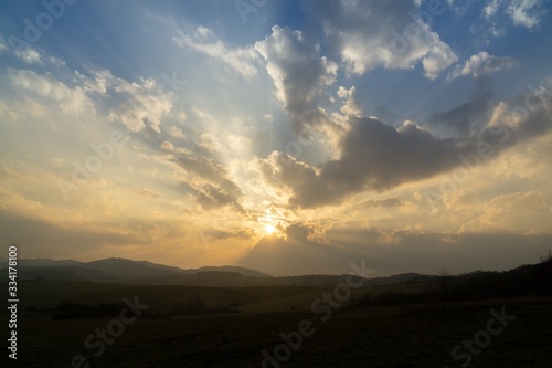 Sunrise or sunset over the hills and meadow. Slovakia