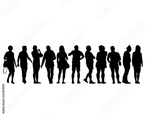 Big crowds people on street. Isolated silhouette on a white background