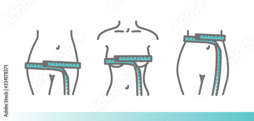 Body measurements using a centimeter tape. Womens chest, waist, hips. Vector icons