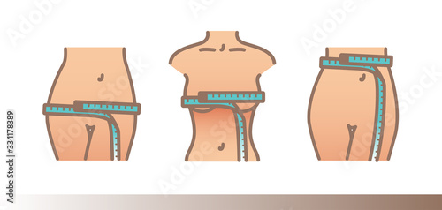 Body measurements using a centimeter tape. Womens chest, waist, hips. Vector illustration