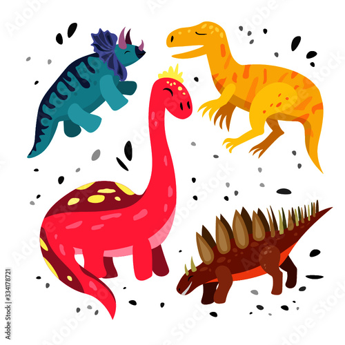 Cute dinosaur. Dino flat vector character. Sketch reptile. Isolated cartoon illustration for kids game, book, t-shirts, banner, card, logo. 