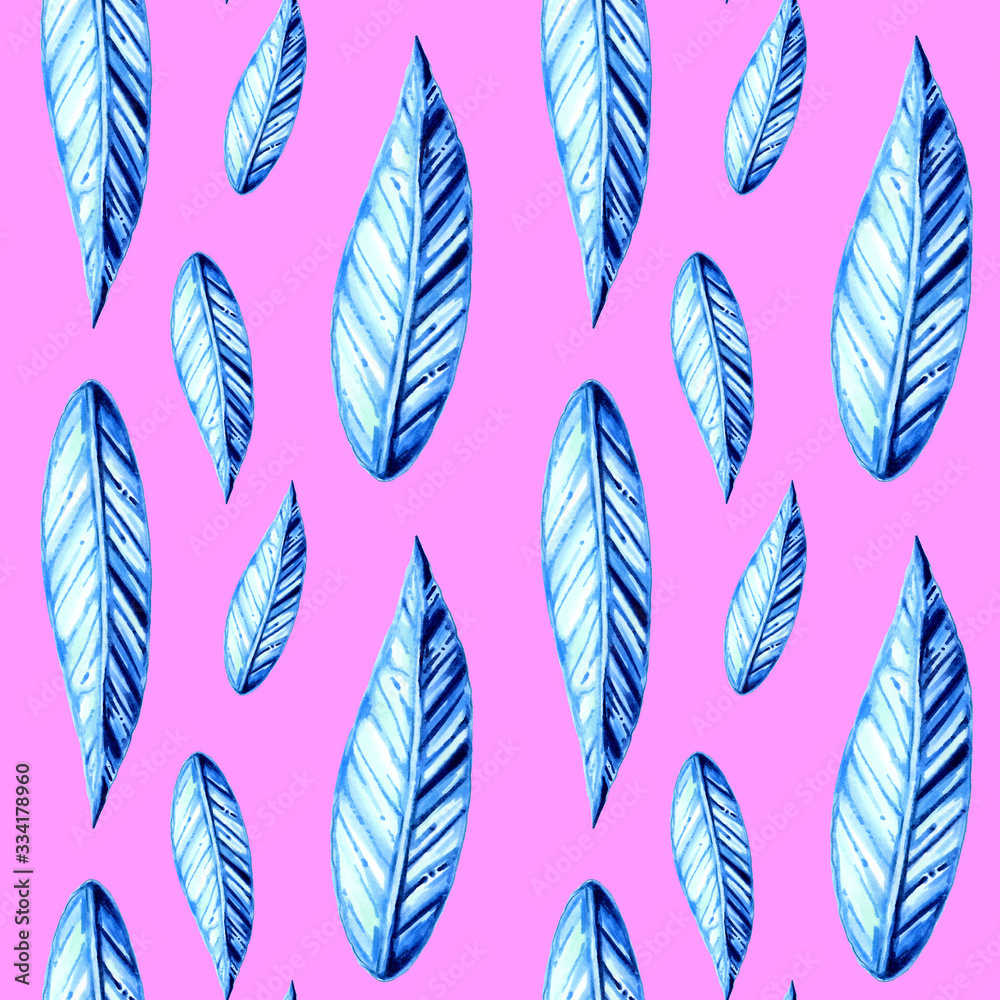 Seamless pattern from blue leaves on a pink background. Illustration drawn with a marker, isolated on a  white background, used in the design of postcards packaging and labels of cosmetics.