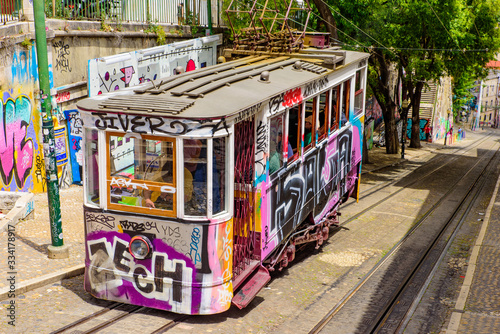 Tram running on the street in Lisbon, Portugal