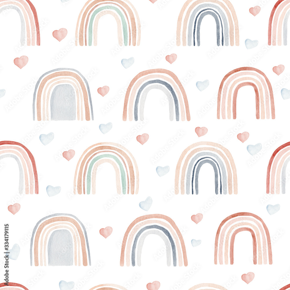Watercolor seamless pattern with rainbows and hearts in neutral colors.