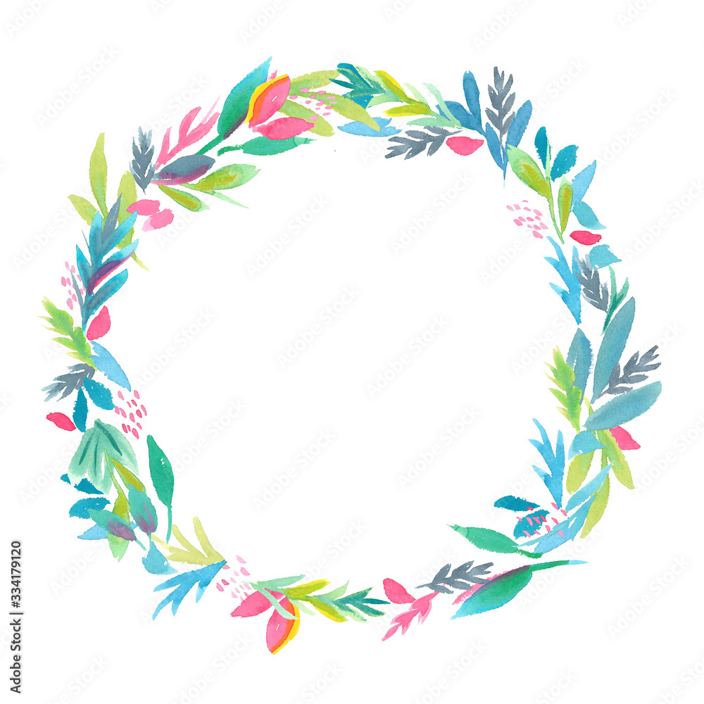hand painted watercolor colorful leaves frame, natural circle wreath, isolated illustration