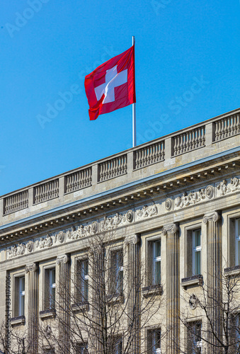 Berlin  Schweizer Botschaft, Schweizer Flagge Fahne, Regierungsviertel photo