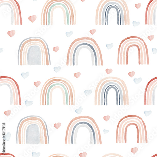 Obraz na płótnie Watercolor seamless pattern with rainbows and hearts in neutral colors. w salonie