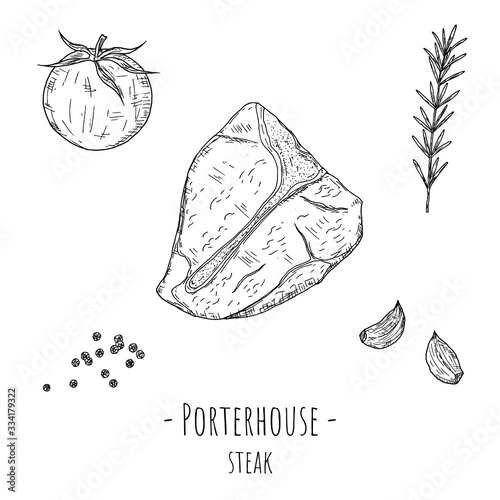 Porterhouse steak. Vector cartoon illustration. Isolated object on a white background. Hand-drawn style.