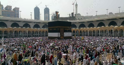 MECCA, SAUDI ARABIA,  August 2019 - Muslim pilgrims from all over the world gathered to perform Umrah or Hajj at the Haram Mosque in Mecca, Saudi Arabia, days of Hajj or Omrah