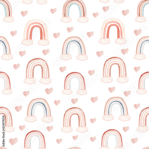 Watercolor nursery boho seamless pattern in neutral color with rainbow, heart, cloud.