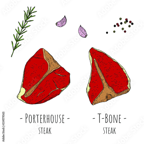 T-bone steak and Porterhouse steak. Vector cartoon illustrations. Isolated objects on a white background. Hand-drawn style.