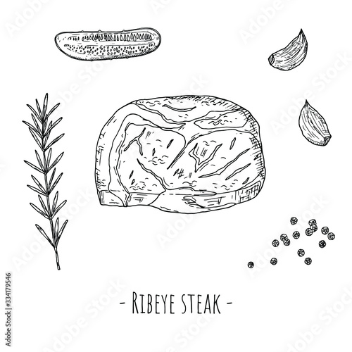 Ribeye steak. Vector cartoon illustration. Isolated object on a white background. Hand-drawn style.