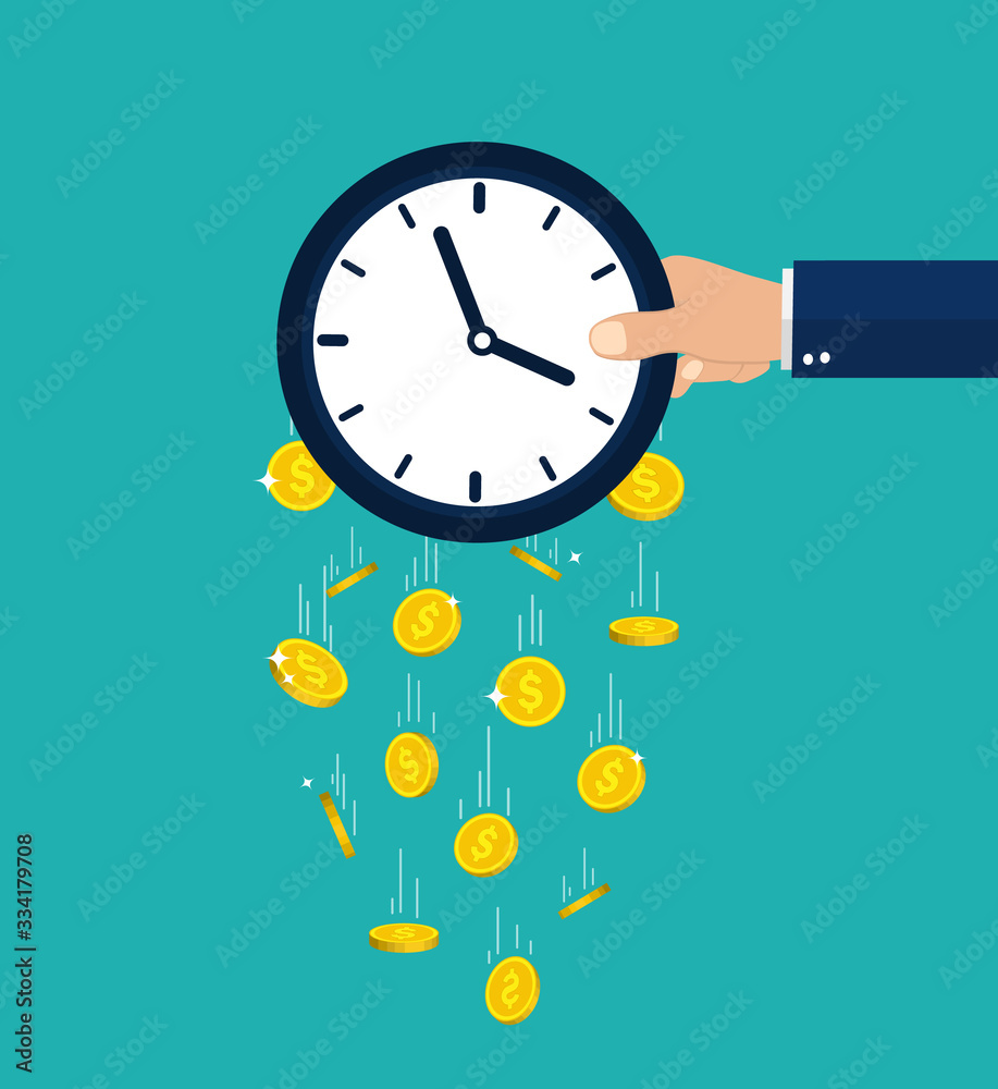 Time is money concept. Hand holds clock from which coins is poured ...