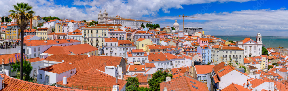 Panorama of the city & Tagus River from Miradouro de Santa Luzia, an observation deck in Lisbon, Portugal