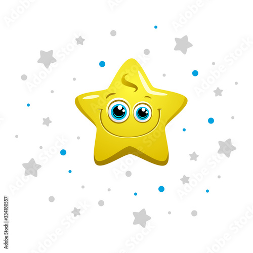 Vector illustration of a cartoon smiling yellow star with small grey and blue stars isolated on a white background. Can represent a celebration, ratings, success, a night sky, outer space, joy, astron photo